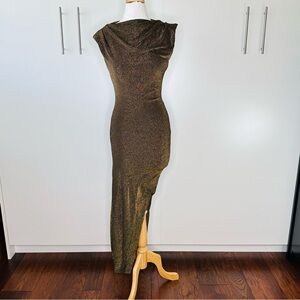 Robbie Bee Draped Front Metallic Evening Gown
